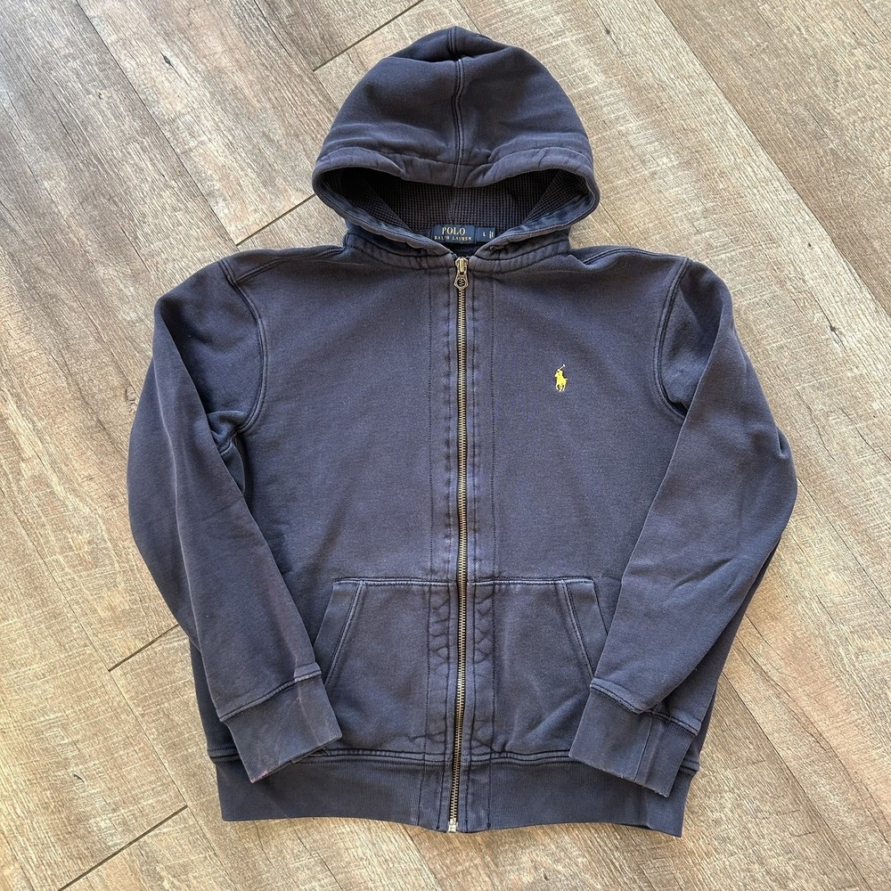 Vintage Polo Ralph Lauren Mens Size L Thermal Fleece Lined Full Zip Navy Hoodie